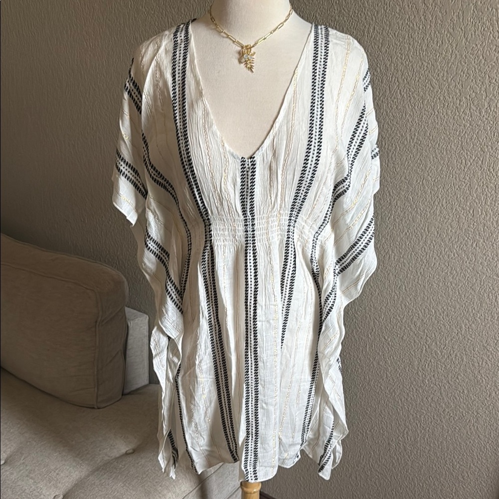 Becca White, Black, Gold Striped Kaftan Coverup-Med